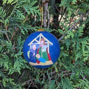 CHRISTMAS  GLASS  ORNAMENT,  Manger Scene, Unique, Vintage, Festive, Collectible